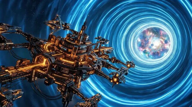 A wormhole transit station built inside the throat of an active wormhole, the tunnel walls forming perfect concentric energy rings accelerating toward a bright exit point