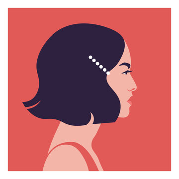 Flat vector profile portrait of an elegant Asian woman with a stylish short dark bob and pearl hair clip against a bold red background. Ideal for modern avatars.