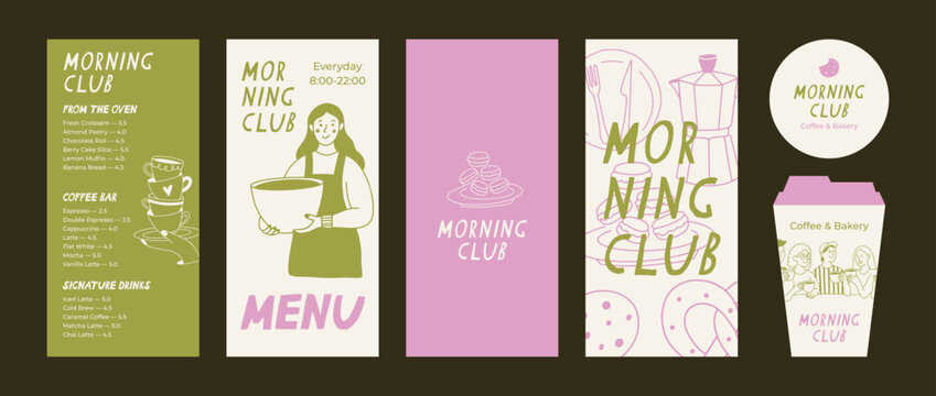 Coffee menu template set with hand drawn design cups and emblems in doodle style. Includes cafe icons and decorative elements. Perfect for restaurant menus, posters, branding and food design.