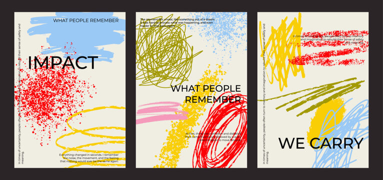 Abstract brush stroke poster set with hand drawn scribbles, lines and paint textures. Trendy Y2K and 90s grunge style elements for flyers, covers, banner, brochure and modern graphic design projects.