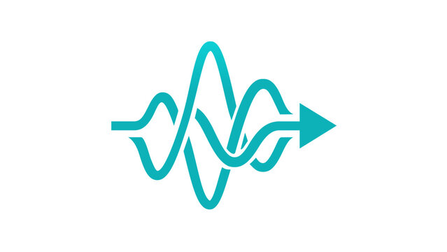 Cyan vector icon illustration of a cellular data signal wave with an arrow, representing wireless communication, frequency modulation, digital transmission, and high-speed network connectivity.