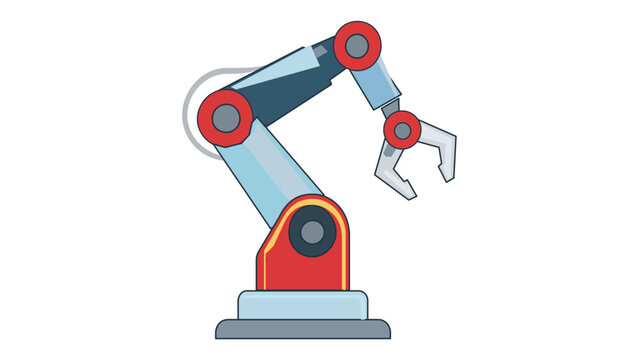 Industrial robotic arm vector icon illustration for automation and manufacturing technology. Scalable flat design of a mechanical gripper arm used in factory production and engineering.
