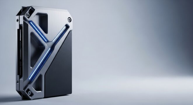 Futuristic high-performance data storage server module with blue glowing light on grey background