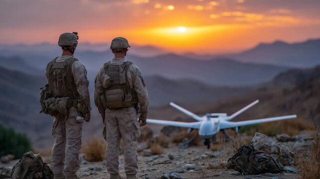 Soldiers in modern combat uniforms setting up a tactical drone on desert terrain at sunset, the sky ablaze with warm hues, equipment and backpacks scattered nearby, scene symbolizi