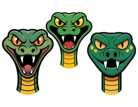 three cartoon snake heads with different colors