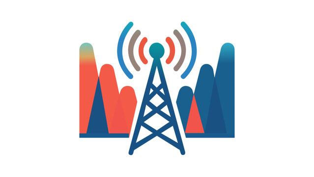 Colorful vector illustration of a telecommunications tower icon with signal waves and abstract data peaks, representing wireless connectivity, network routing, and digital communication technology.