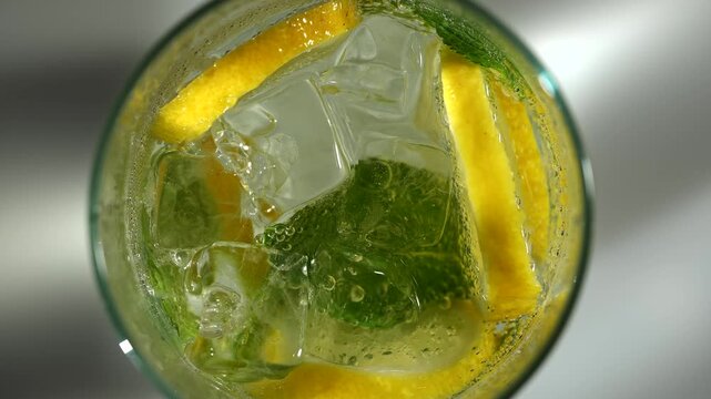 A top view of soda being poured into a glass with a slice of lemon, ice and a mint leaf, creating fizzing bubbles. Concepts of summer drink, themes for bars, cafes, and restaurants, beverage, health.