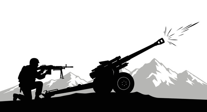 Soldier firing artillery gun with machine gun and mountains background, military concept