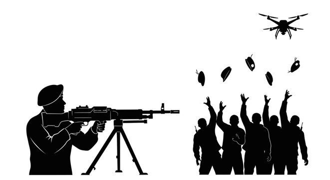 Soldier with Machine Gun Aims at Drone Dropping Bombs on Crowd