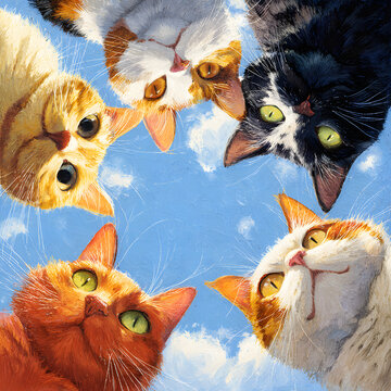 Group of colorful cute cats standing in a circle and looking down, low angle fish-eye perspective illustration
