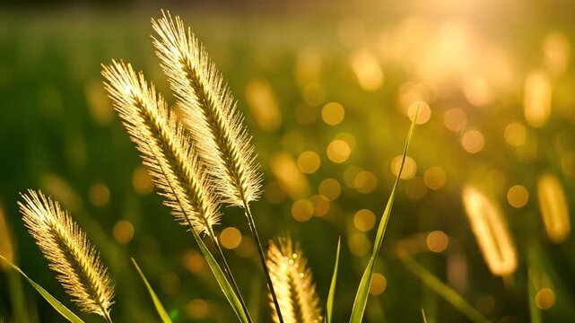 Warm golden light illuminates foxtail grass in a serene field