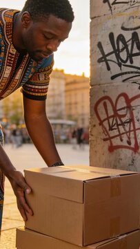 Vertical video: Arriving man in dashiki stacking boxes at plaza beside graffiti pillar for delivery
