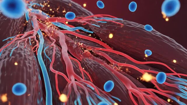 Muscle fiber microtears represented as subtle, non-graphic separations between glowing contractile filaments. Painkiller molecules reduce surrounding chemical irritants