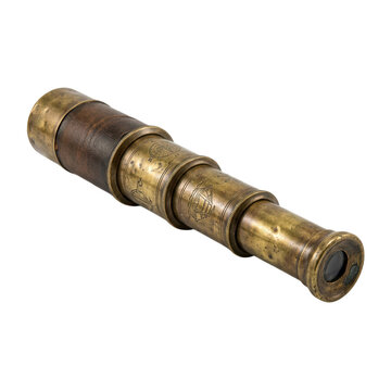 Antique brass telescope monocular spyglass isolated on transparent background