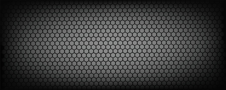 Black seamless hexagon pattern. Repeating honeycomb texture background. Geometric hexagonal halftone tech overlay backdrop. Abstract repeated hex halftone. Vector retro technology dot texure wallpaper