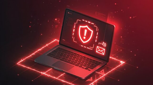 Laptop security cyber data protection network shield digital threat computer warning alert secure device malicious attack red glowing dark background online safe system icon code internet risk