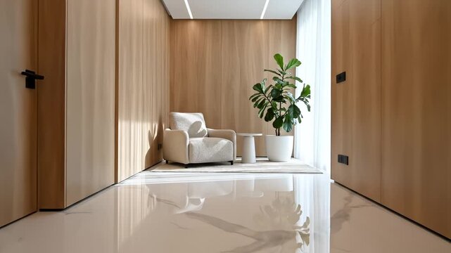 Modern hallway with plants and tv for commercial advertising, marketing campaigns, and creative projects