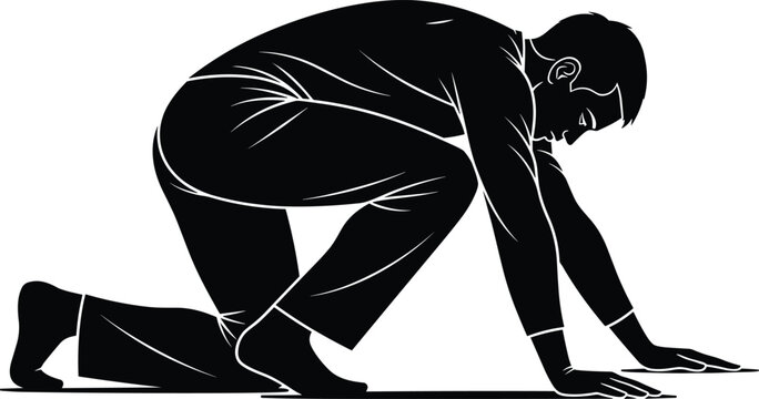 Businessman starting position silhouette ready to run crouching male figure vector illustration isolated for competition, success and motivation design use