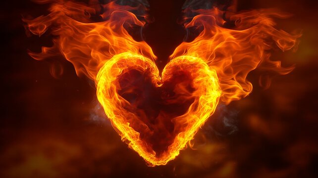 Heart shaped fire flames symbolizing love passion and intense emotion on dark background