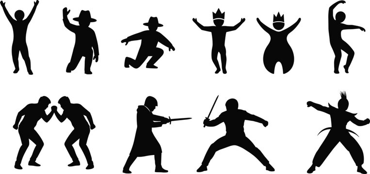 Collection of human silhouette figures performing dancing fighting and action poses isolated vector icons set for creative design projects