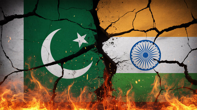 A dramatic illustration of the flags of India and Pakistan cracked and on fire, symbolizing conflict and tension between the two nations.