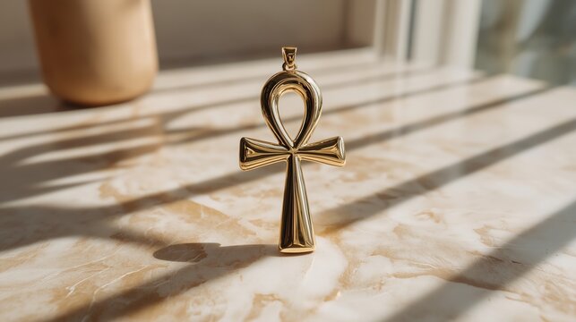 Golden Ankh Symbol on Marble Surface