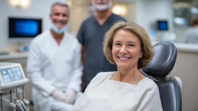Wide lifestyle shot of female patient seated in dental chair, senior dentist explaining preventive care steps, modern bright clinic with digital displays and sterile instruments, p