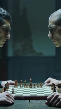 Staring two male players wearing dark sweater and light long sleeve in dim room studying chessboard