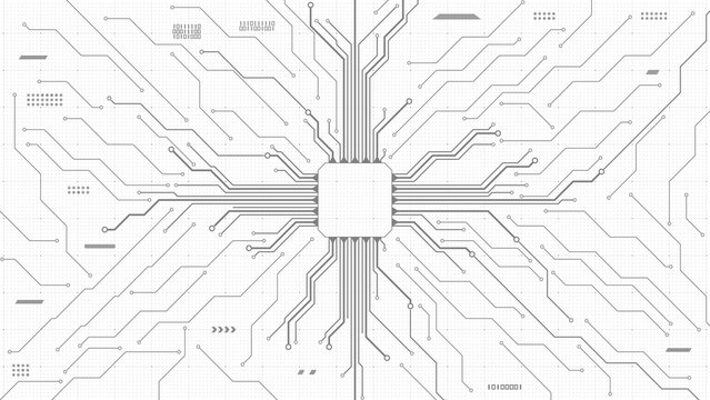 Futuristic central microchip with branching circuit traces on a light gray grid background, clean technology composition for electronics, data systems, engineering mockups, and vector design use.