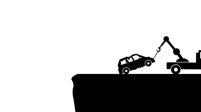 Tow Truck Rescue Animation Pulling Damaged Car from Cliff Edge. Car Rescue Scene with Tow Truck Pulling Vehicle from Edge. Emergency Vehicle Recovery and Towing Service Animation