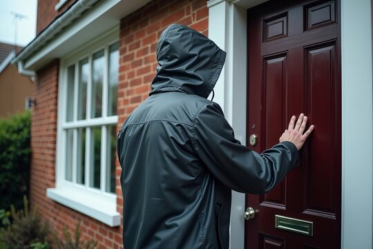 Debt Collector in Raincoat Knocking on Door of Home to Collect Payments