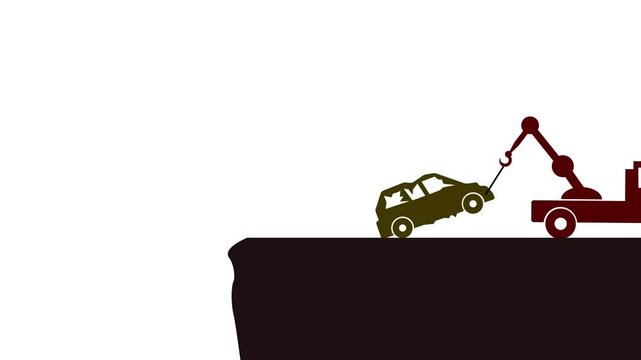 Tow Truck Rescue Animation Pulling Damaged Car from Cliff Edge. Car Rescue Scene with Tow Truck Pulling Vehicle from Edge. Emergency Vehicle Recovery and Towing Service Animation