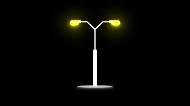 Public Street Light Pole. Light posts glowing animation. Modern city street lights row working at night motion background.