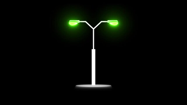 Public Street Light Pole. Light posts glowing animation. Modern city street lights row working at night motion background.