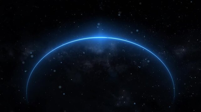 Glowing Planet Horizon in Deep Space with Stars Background. Abstract space scene with a glowing blue planet edge and star-filled galaxy background. The edge of a solar eclipse on a black background.