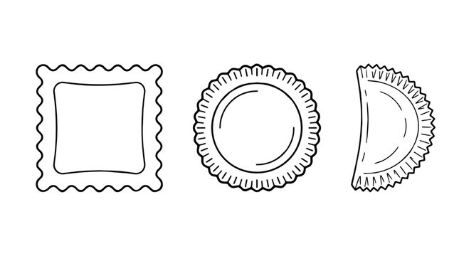 Ravioli pasta shapes outline vector illustration set collection