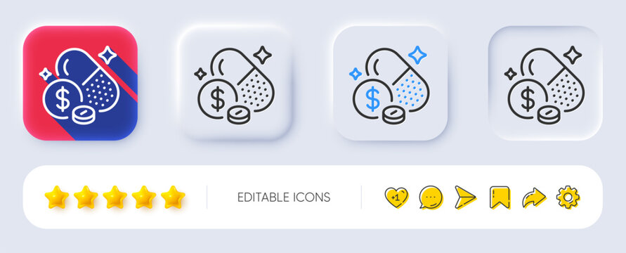 Medicine prices line icon. Neumorphic, Flat shadow, 3d buttons. Medical pills price sign. Capsule or pill supplement symbol. Line medicine price icon. Social media icons. Vector