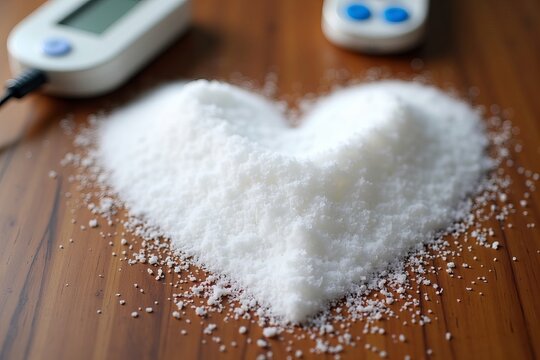 Visual Representation of Heart Health: Low-Sodium Salt Heart Shape on Desk with Heartbeat Monitor Nearby