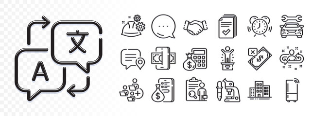Finance calculator, Phishing and Translate line icons for web app. Glare of light effect. Message icon. Pack of Buildings, Add team, Chat bubble pictogram icons. Money, Handout, Inspect signs. Vector © blankstock