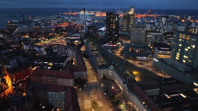 Aarhus, Jutland, Denmark - Aerial Drone View in Evening Twilight at City Center with Domkirke Cathedral.
