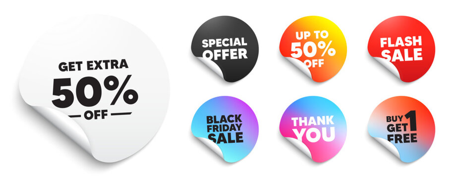 Extra discount sticker tag. Special offer paper price tags. Get Extra 50 percent off Sale. Discount offer price sign. Special offer symbol. Save 50 percentages. Discount, black friday sticker. Vector