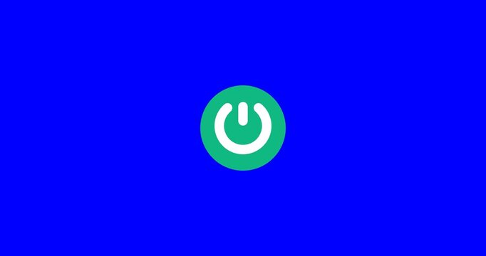Animated flat vector power button turning on from gray to green with hand cursor click isolated on blue screen
