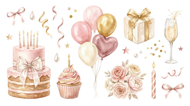 Watercolor Celebration Elements Set with Pink Balloons, Gift Box, Cake and Champagne Glass