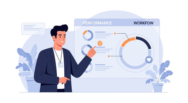 Man presenting performance and workflow charts on a digital screen, business concept