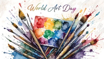 Obraz premium A vibrant illustration celebrating World Art Day with paintbrushes and a colorful palette