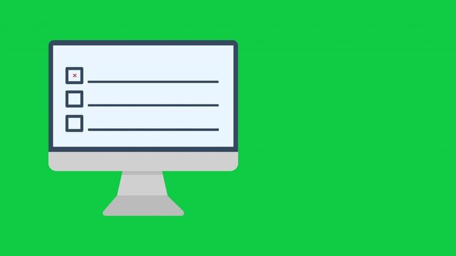 Rejected computer checklist with cross checkmark in cartoon animation. Online failed verification files symbol. Error digital answer and task result