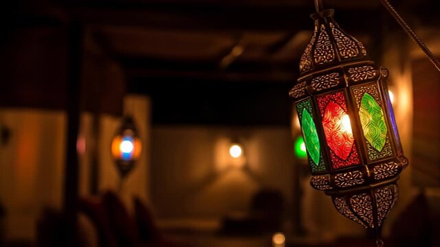 Colorful Moroccan Lantern Hanging Indoors with Warm Ambient Lighting.