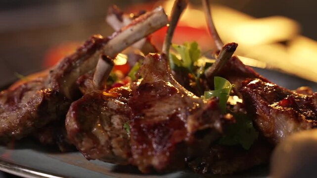 Fresh Grilled Lamb Steak on a Plate in Restaurant in a Warm Light. Chef is Serving Roasted Lamb Meat with Vegetables.