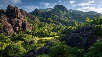 Fototapeta premium Fires of the Deep Pacific volcanic islands - Lush rainforest valley and Large basalt boulders