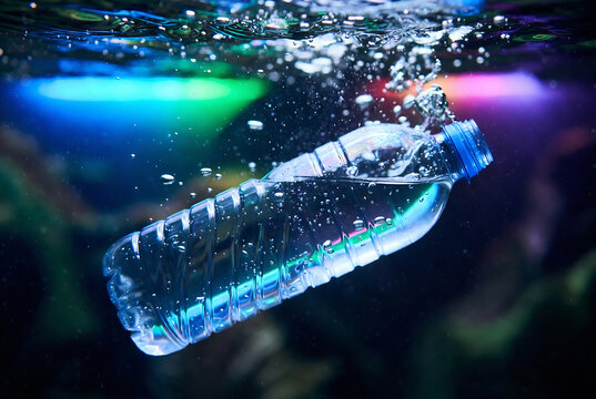 Subject: A plastic water bottle. Action: It&rsquo;s falling through the water, creating a splash and light refraction. Setting: Underwater with vibrant colored lights in the background.